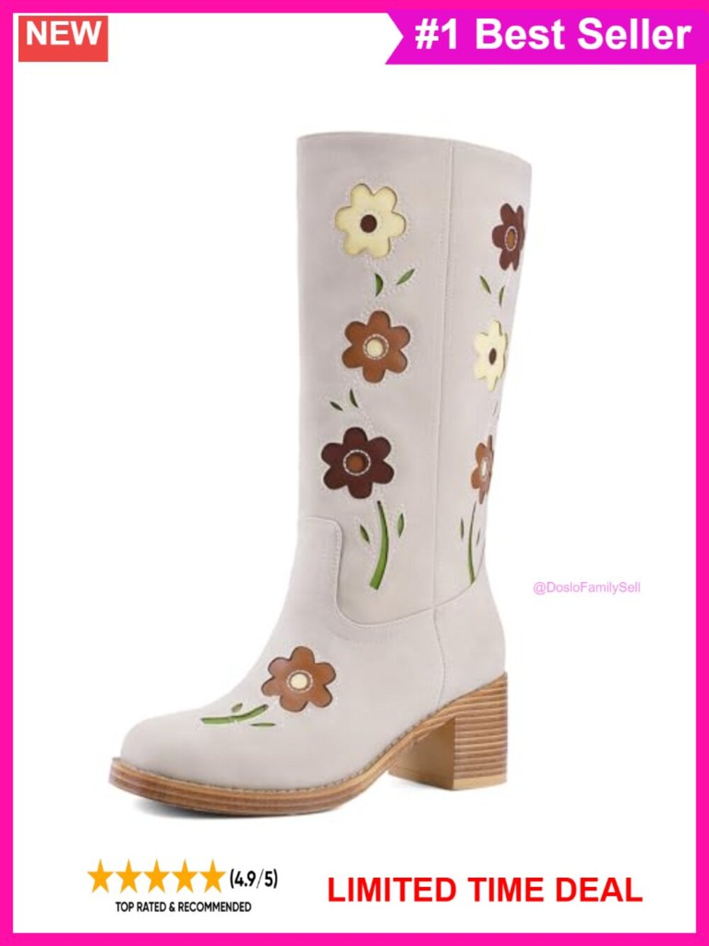 Women's Floral Embroidered Knee High Boots Chunky Block Heel Faux Leather